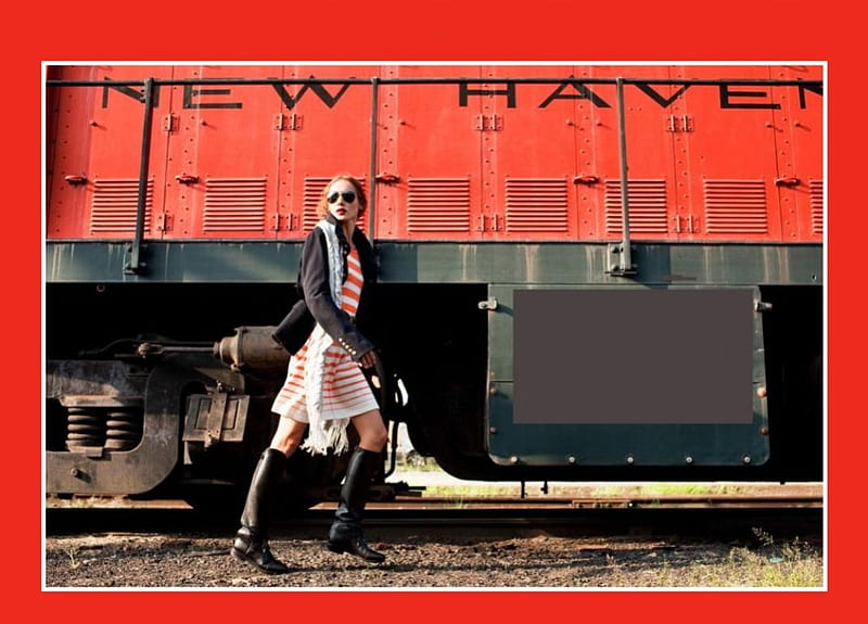 supermodel and a diesel locomotive engine, railroad, cute, train, girl, HD wallpaper