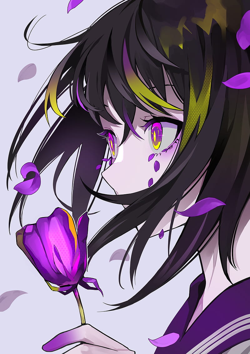 Anime girls, original characters, dark hair, purple eyes, flowers, petals,  crying, HD phone wallpaper | Peakpx