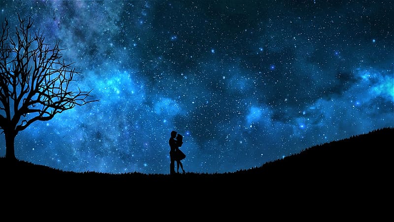Sky, Stars, Night, Love, Silhouette, Couple, Starry Sky, Artistic, Hug, Romantic, HD wallpaper