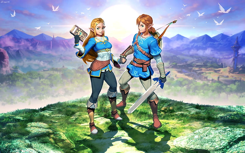 link and princess zelda, the legend of zelda, landscape, arrows, Games, HD wallpaper