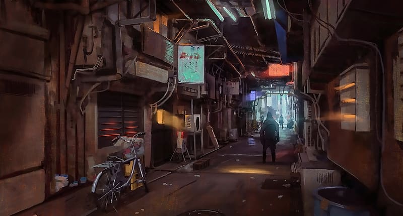 Lexica - vintage 90's anime style environmental wide shot of a sketchy  alleyway at nigh