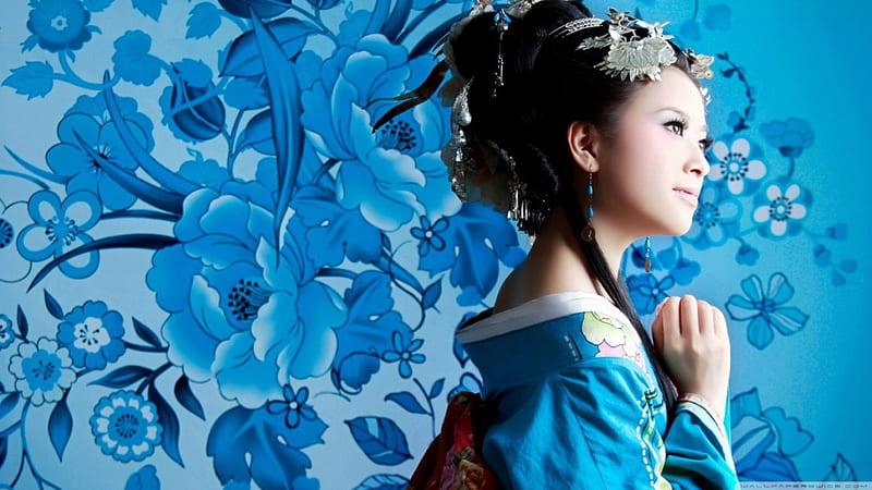 Niña japonesa, flor, vestido, japonés, azul, Fondo de pantalla HD | Peakpx