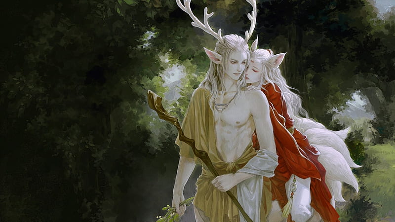 Fantasy couple, red, forest, art, nine tails, ears, yellow, nymph, woman, horns, fantasy, girl, fox, creatures, dtjun, couple, ahri, HD wallpaper