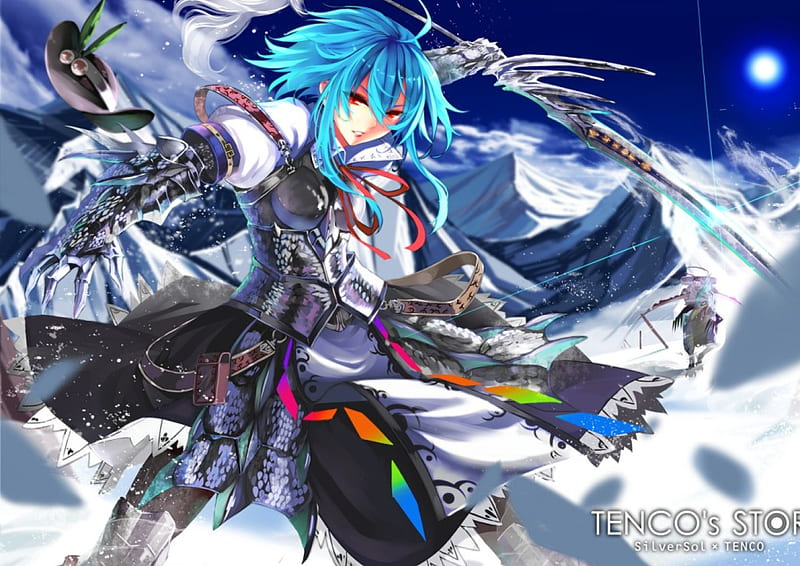 hinanawi tenshi, armor, cute, warrior, girl, blue hair, anime, blue, HD wallpaper