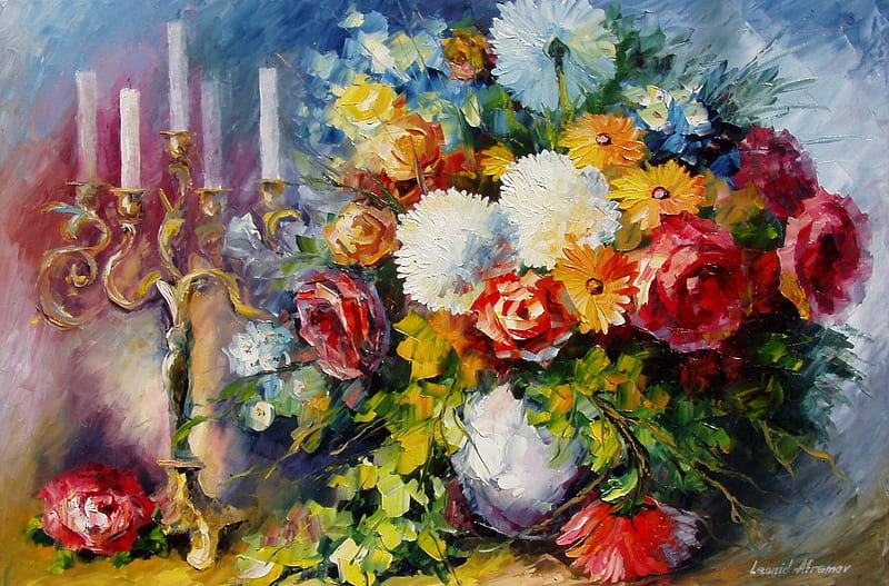 Artistic, Painting, Candelabra, Colorful, Flower, Still Life, Vase, HD wallpaper