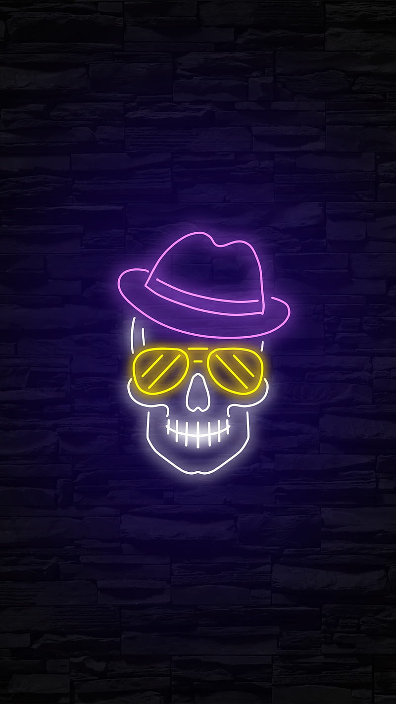 Neon Skull with Hat, Neon, amoled, dark, glasses, hat, skull, HD phone wallpaper