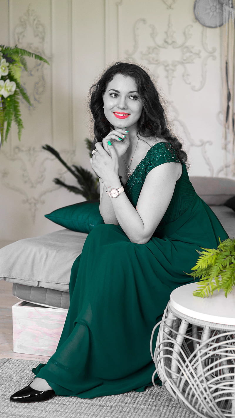 Green dress, green nails, red lips, black and white, sitting, fashion, long dress, smile, HD phone wallpaper