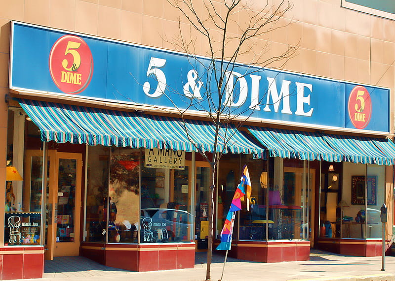5 and Dime, store, tree, sidewalk, blue, HD wallpaper