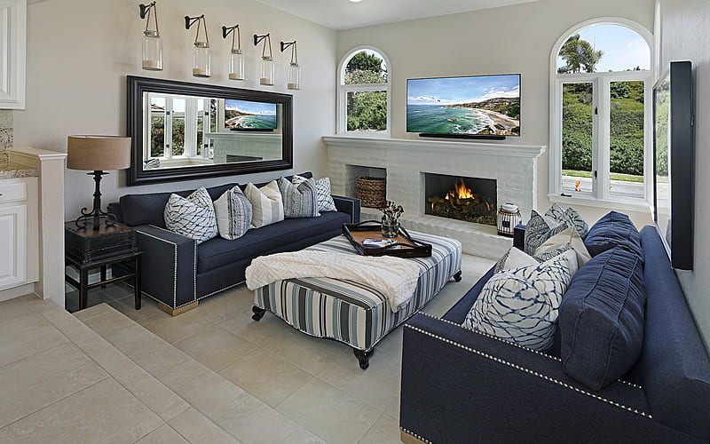 modern living room interior, blue sofas, classic style, white walls, living room design, HD wallpaper