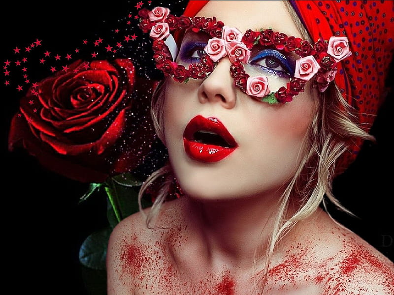 Rose Colored Glasses, red, artistic, female, glasses, black, butterflies, roses, creative, woman, floral, hat, girl, floral glasses, feminine, flowers, HD wallpaper