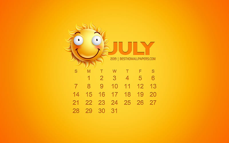 2019 July Calendar, creative art, yellow background, 3d sun emotion icon, calendar for July 2019, concepts, 2019 calendars, July, HD wallpaper
