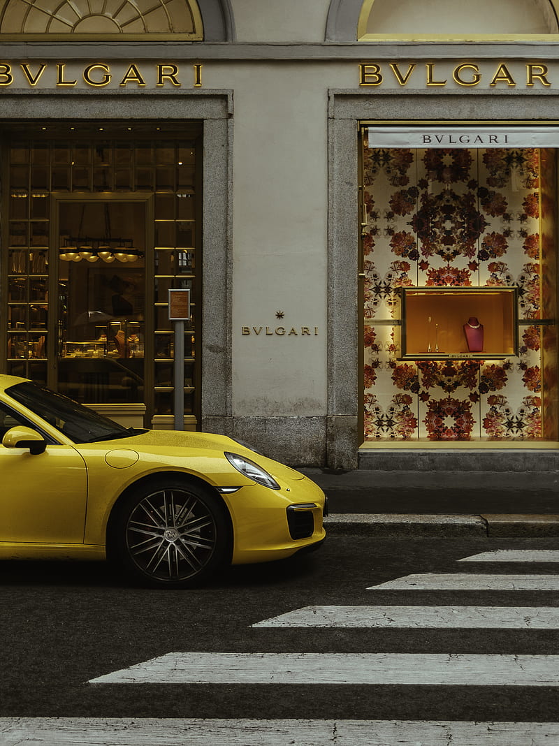 yellow ferrari 458 italia parked beside white concrete building, HD phone wallpaper