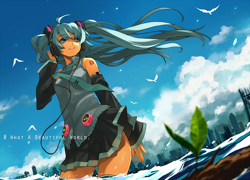 Beautiful World, whihte, pretty, cg, plant, clouds, nice, anime, aqua, beauty, anime girl, vocaloids, art, twintail, ocean, buildings, birds, skirt, black, miku, sky, singer, sexy, cute, headset, water, hatsune, cool, digital, awesome, dirt, idol, artistic, colorful, hatsune miku, gray, headphones, tie, bonito, sea, thighhighs, leaves, program, city, green, painting, hot, river, pink, blue, vocaloid, music, diva, skyscrapers, lake, pond, microphone, song, girl, uniform, drawing, virtual, HD wallpaper
