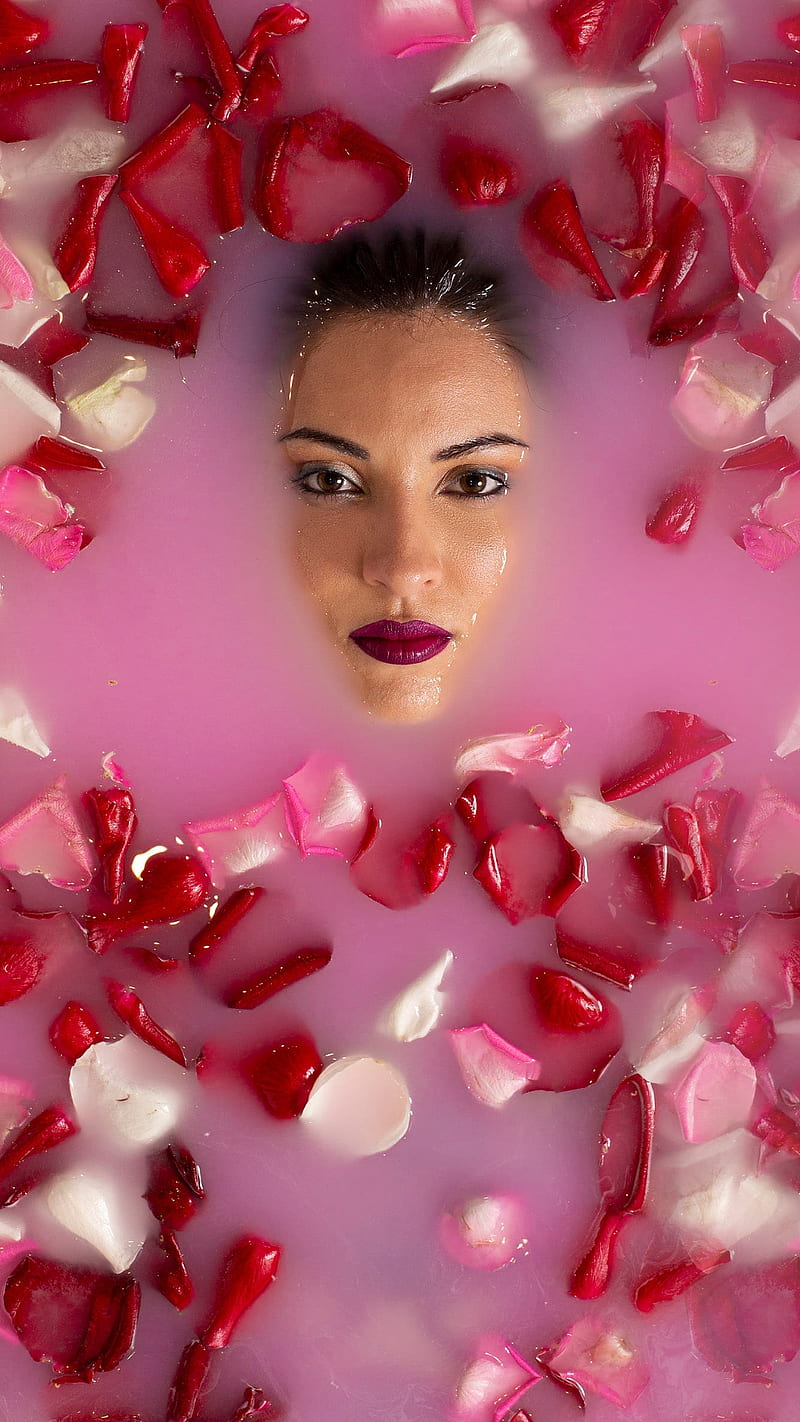Bath with roses, beauty, face, rose, rose petals, HD phone wallpaper