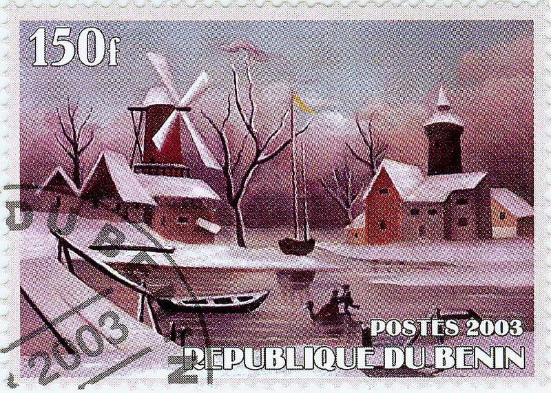 Postage Stamp Beauty, windmill, house, boats, water, birds, stamp, HD wallpaper