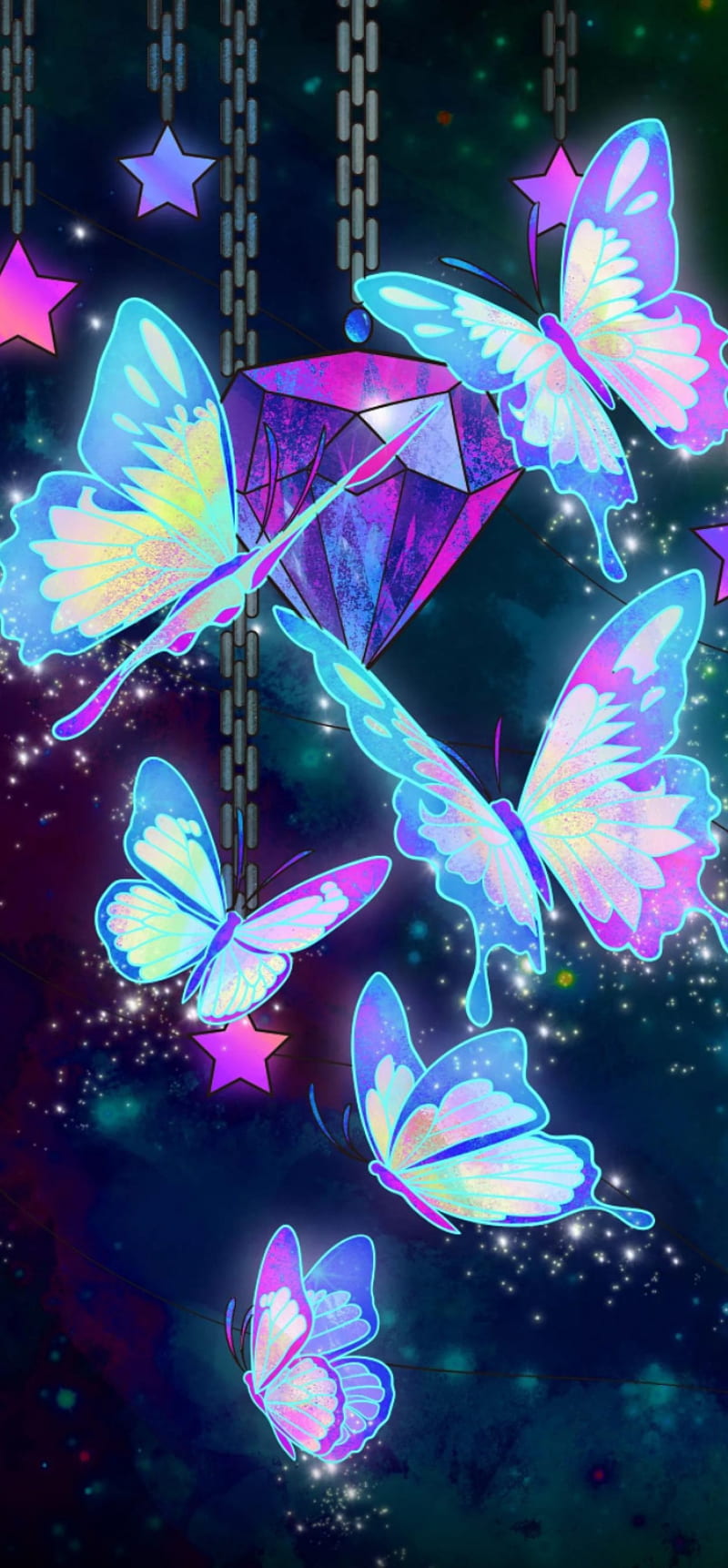Butterflies, colorful, dark, neon, stars, HD phone wallpaper