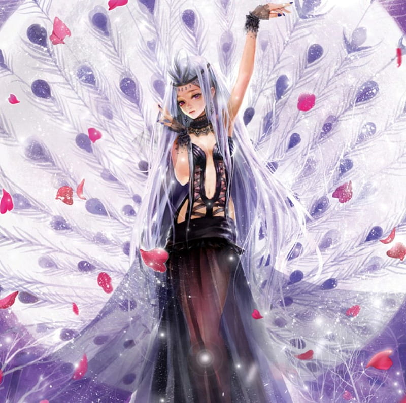 Lady Peacock, dress, divine, bonito, sublime, elegant, anime, feather, hot, beauty, anime girl, long hair, gorgeous, female, gown, sexy, cute, girl, petals, lady, angelic, maiden, HD wallpaper