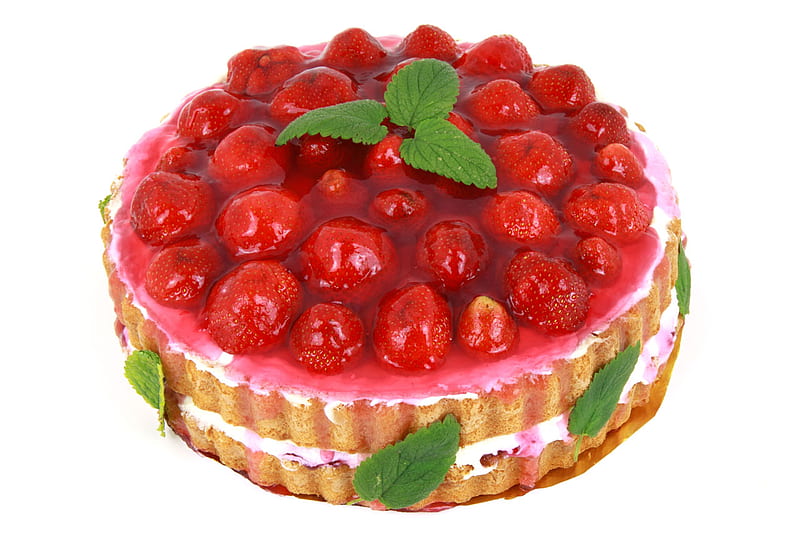 Strawberry Cake for Dessert, mint, strawberries, icing, glace, sponge, cream, HD wallpaper