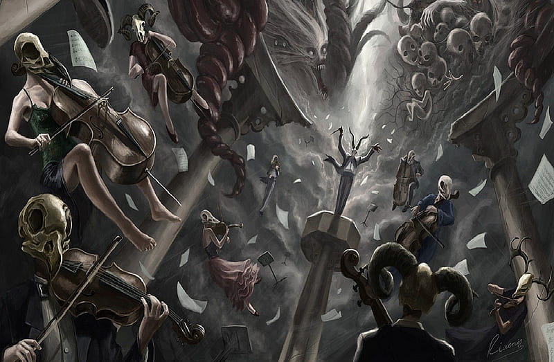 Orchestra Of The Apocalypse, demons, skulls, masks, orchestra, storm, HD wallpaper