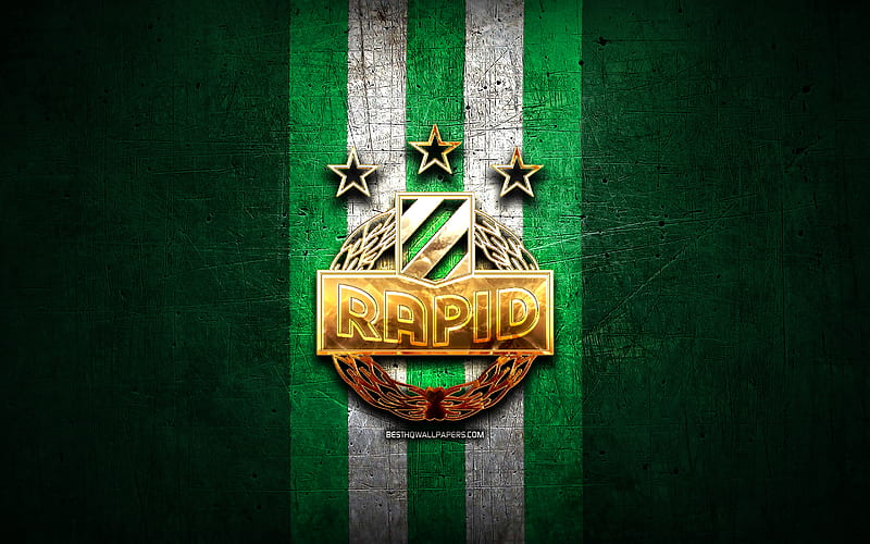 Rapid Vienna FC, golden logo, Austrian Bundesliga, green metal background, football, SK Rapid Wien, austrian football club, Rapid Vienna logo, soccer, Austria, HD wallpaper