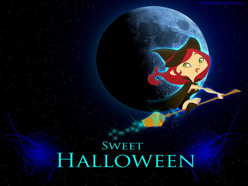 Sweet halloween, october 31, witch, moon, halloween, night, HD wallpaper