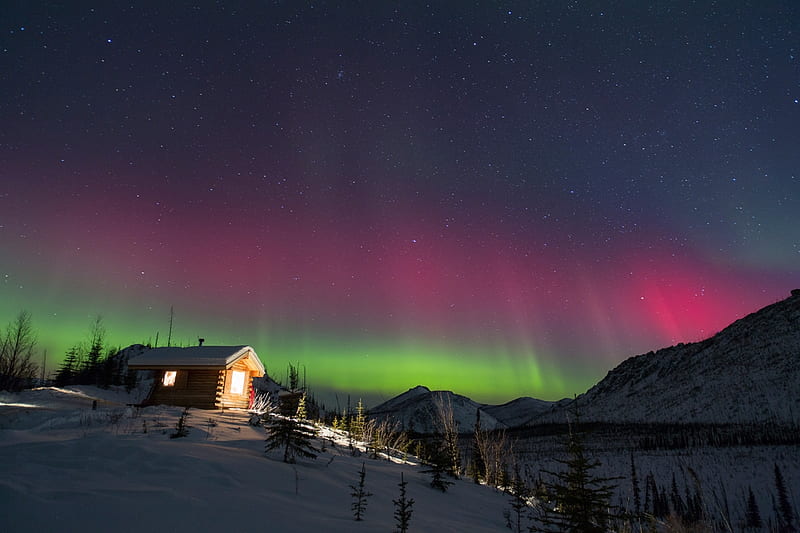 Northern Lights in Alaska, colors, cabin, sky, snow, mountains, HD wallpaper