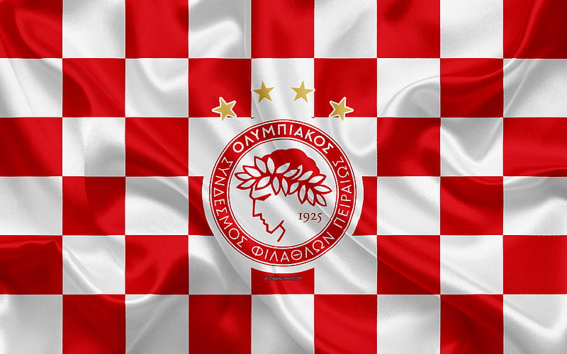 Olympiacos FC logo, creative art, red and white checkered flag, Greek football club, Super League Greece, emblem, silk texture, Piraeus, Greece, football, Olympiacos Piraeus, HD wallpaper