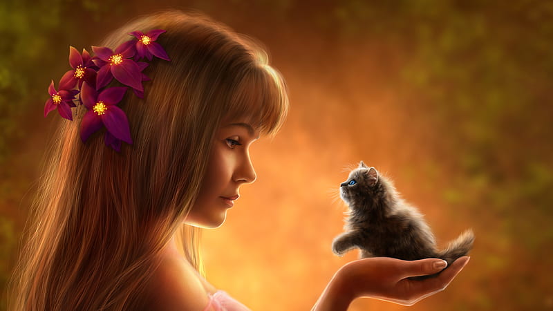 Girl Holding Small Cat In Hand Artwork, artist, cat, artwork, digital-art, , fantasy, HD wallpaper