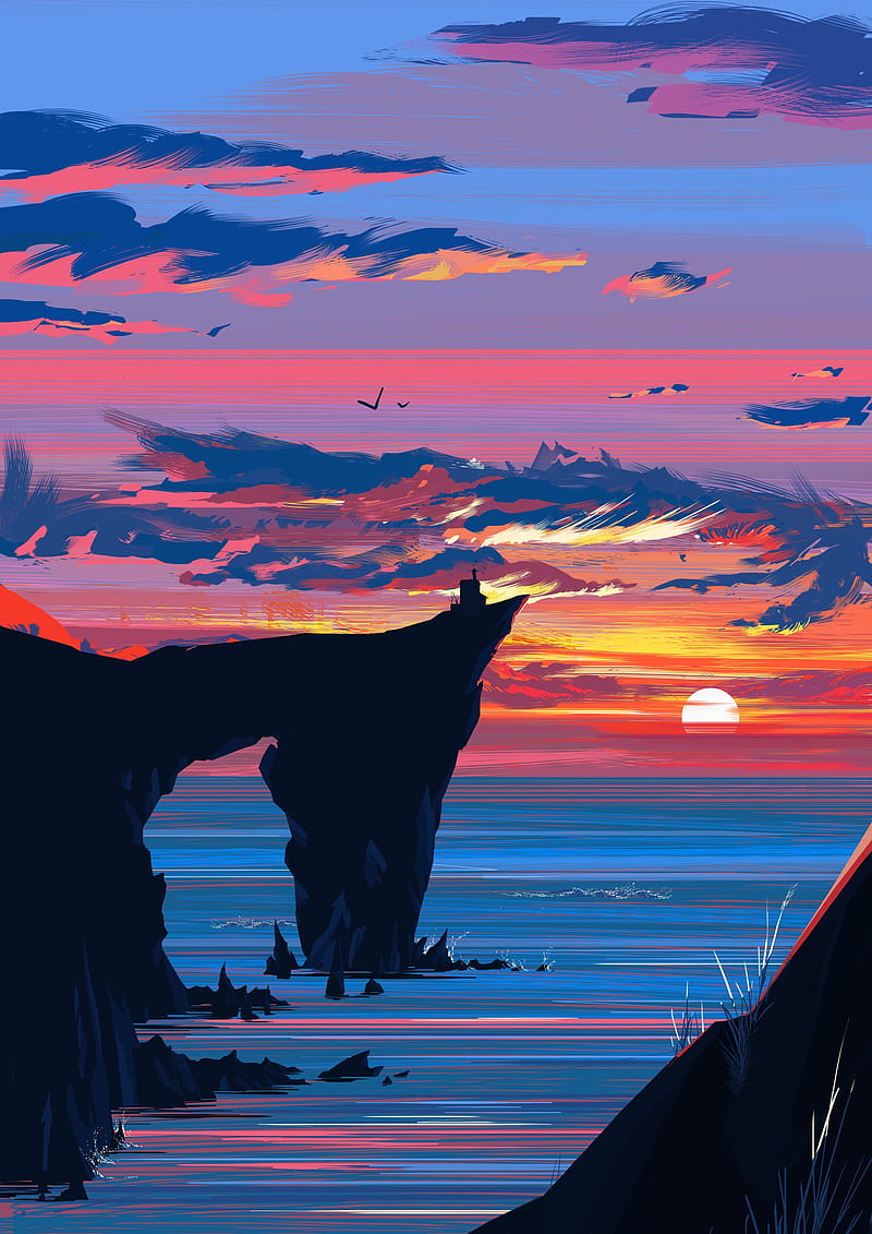 sunset, illustration, sky, sea, HD phone wallpaper