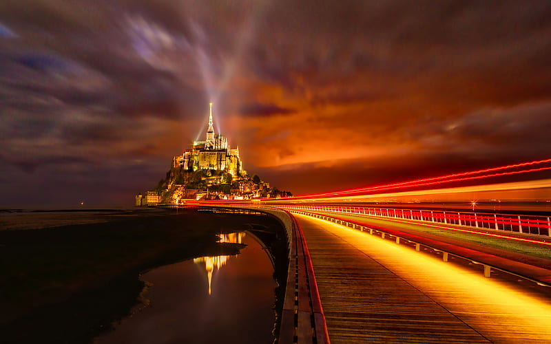 Mont Saint-Michel nightscapes, island, Normandy, France, Europe, HD wallpaper
