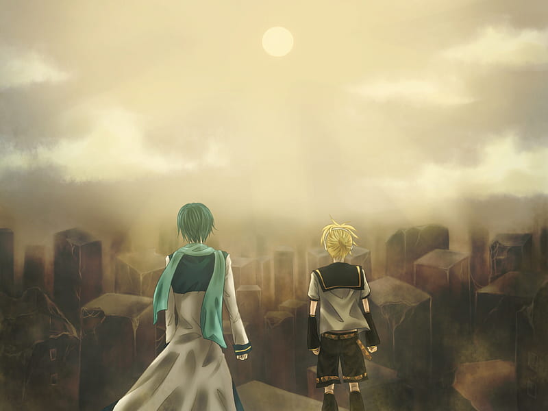 Waste Land, vocaloid, len, sun, setting, yellow, barren, clouds, kaito, green, waste, guys, anime, nothingness, standing, kagamine, land, HD wallpaper