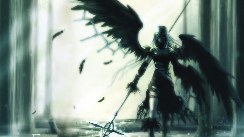 Dark Angel, art, wings, dress, angel, black, power, darkness, anime, anime girl, HD wallpaper