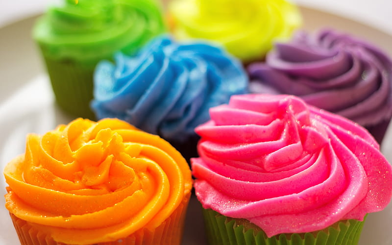colorful cupcakes, colored cream, pastries, sweets, cakes, HD wallpaper
