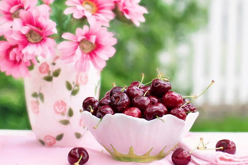Cherries in a bowl, red, still life, fruits, flowers, vase, Cherries, sweet, bowl, HD wallpaper