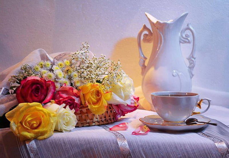Still Life, basket, flowers, jug, cup, roses, HD wallpaper