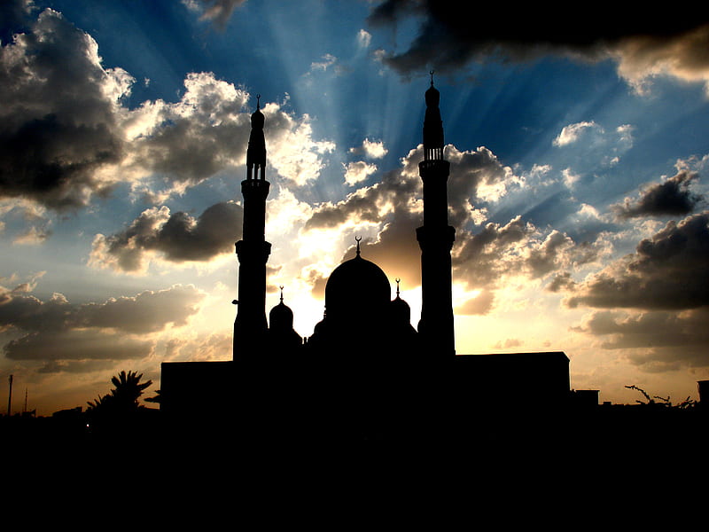 mosque silhouette, sun, religious, worship, bonito, sky, clouds, building, graphy, mosque, beauty, HD wallpaper
