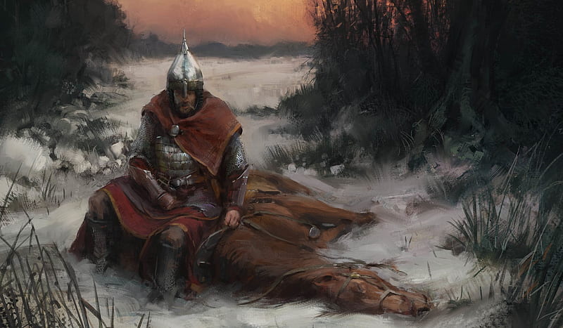 medieval knight, snow, helmet, tired, winter, Fantasy, HD wallpaper