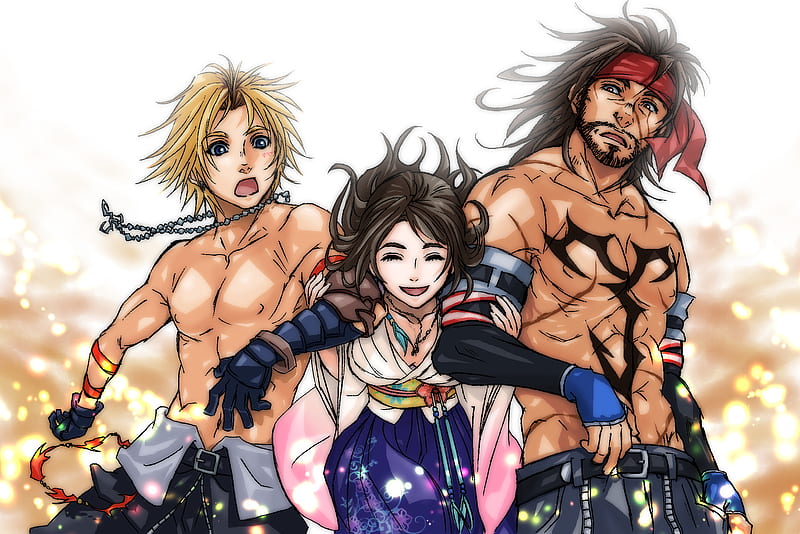 Tidus, Yuna, Jecht, shirtless, video games, jecht, yuna, cute, final fantasy 10, tidus, gloves, ffx, trio, headband, ff10, final fantasy, HD wallpaper