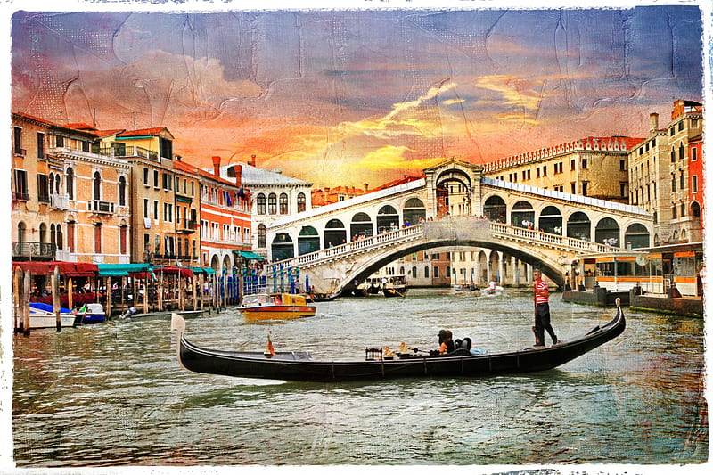 Venice, Italia, romantic, romance, Grand Canal, Italy, houses, town, sunset, gondolas, sky, clouds, sea, water, splendor, nature, HD wallpaper