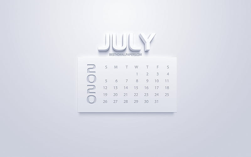 2020 July Calendar, 3d white art, white background, 2020 calendars, July 2020 calendar, summer 2020 calendars, July, HD wallpaper