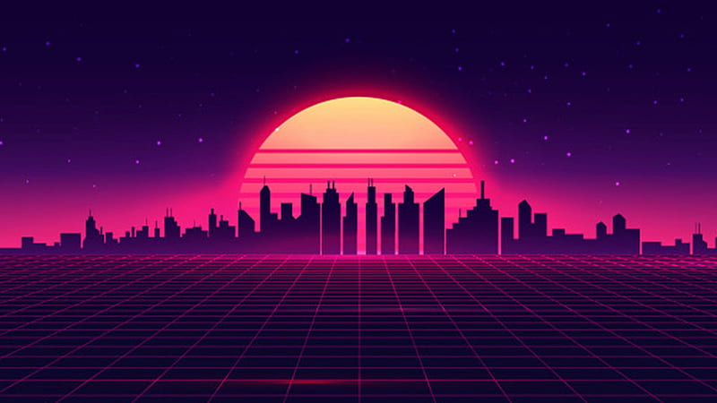 Yellow Pink Moon Buildings Shadow Synthwave, HD wallpaper