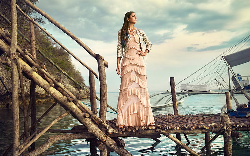 Katrina Kaif, Indian actress, Bollywood, beautiful long dress, fashion model, shoot, coast, yacht catamaran, HD wallpaper