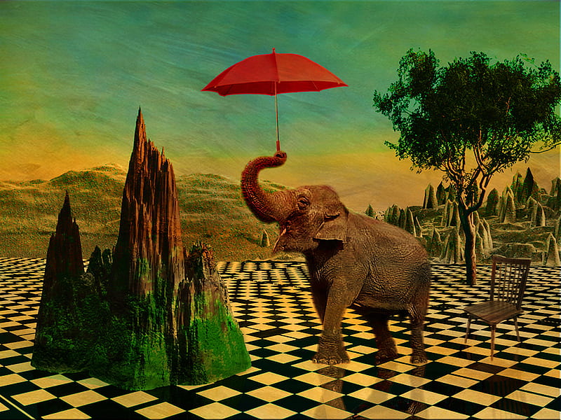 Elephant walk, red, floor, elephant, umbrella, abstract, tree, fantasy, 3d, walk, HD wallpaper