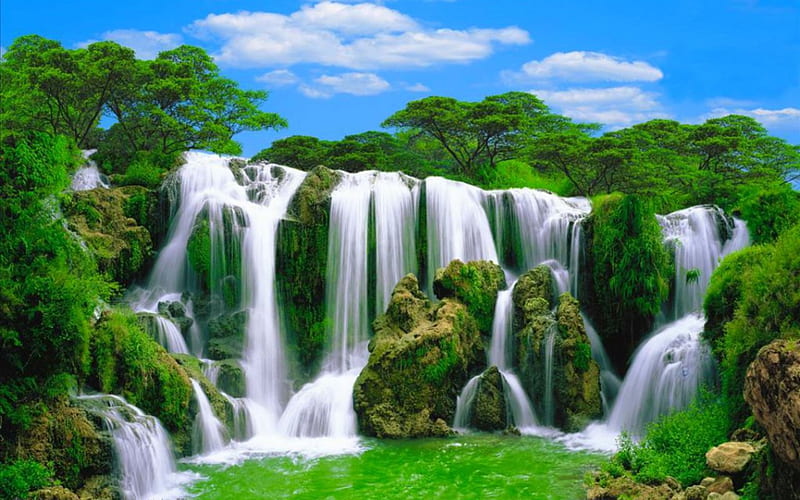 Majestic Waterfalls, mountain, plants, nature, trees, waterfalls, HD wallpaper