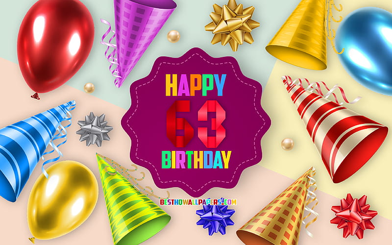 Happy 63 Years Birtay, Greeting Card, Birtay Balloon Background, creative art, Happy 63rd birtay, silk bows, 63rd Birtay, Birtay Party Background, Happy Birtay, HD wallpaper