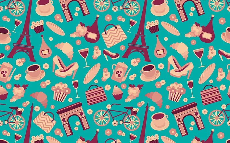Pattern, texture, france, bred, blue, paris, baguette, orange, cup, pink, eiffel tower, bike, coffee, HD wallpaper