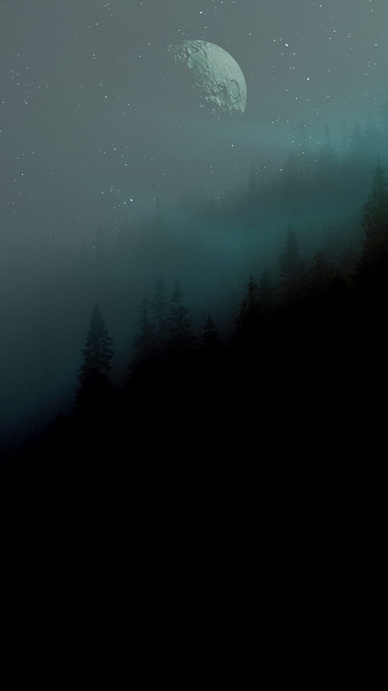 Mystic Forest 3, aurora, black, borrealis, green, moon, nature, night, scenery, stars, HD phone wallpaper