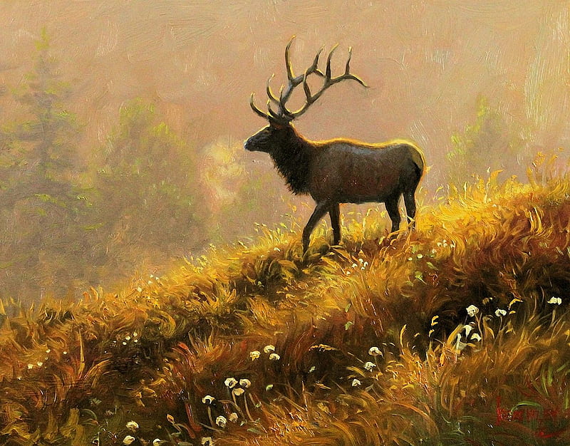 Morning Call - Mark Keathley, autumn, nature, artwork, deer, painting, HD wallpaper