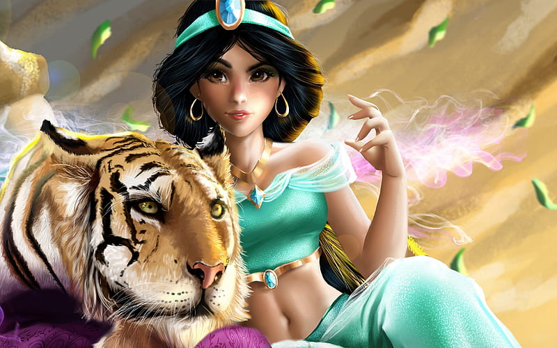 Jasmine and Rajah, fanart, art, luminos, tiger, jasmine, indymbras, fantasy, girl, green, princess, disney, HD wallpaper