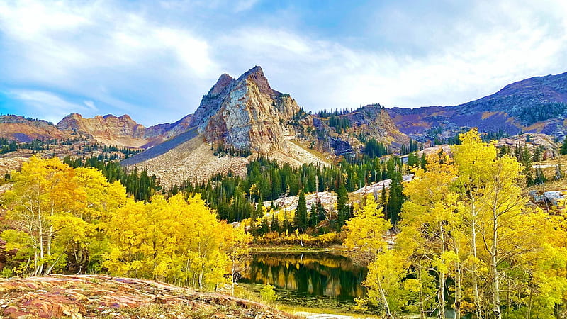Lake Blanche, Utah, fall, landscape, clouds, trees, colors, sky, mountains, usa, autumn, HD wallpaper